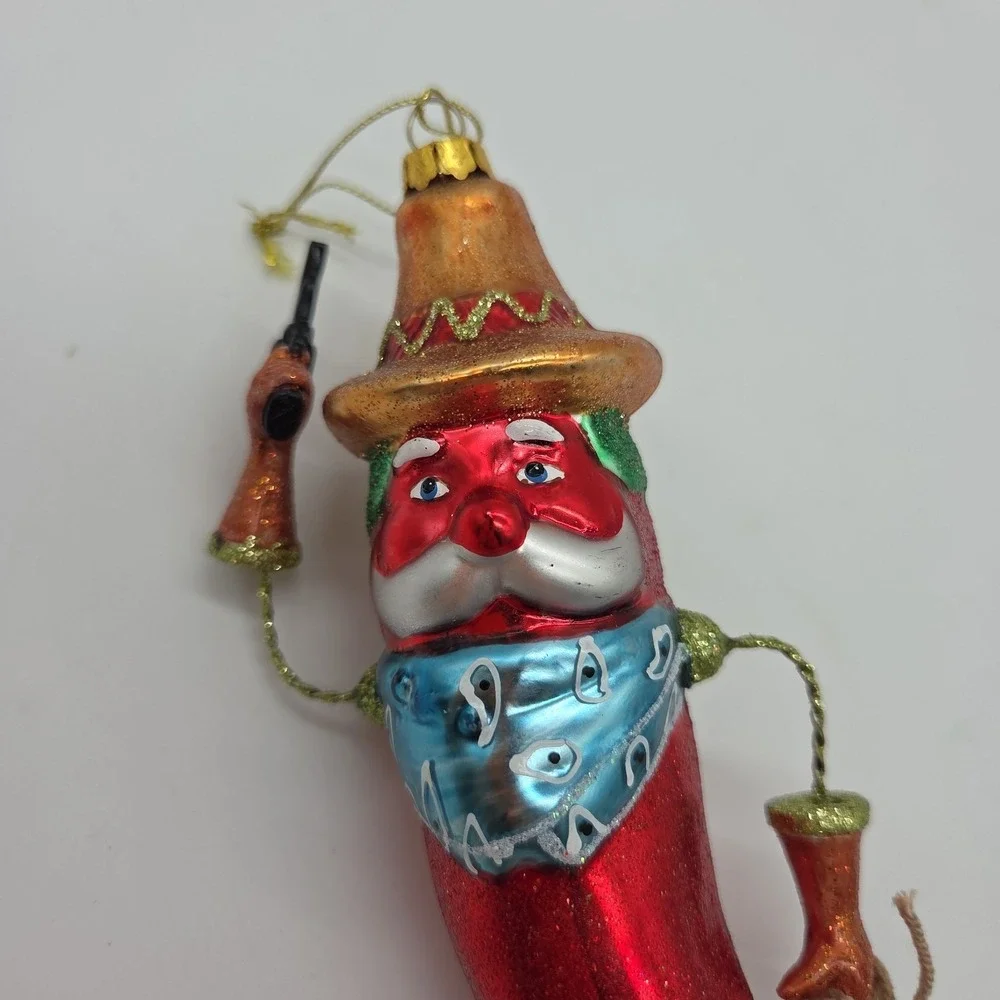 Red Hot Chili Pepper Cowboy Ornament Blown Glass Christmas Tree Decor Festive